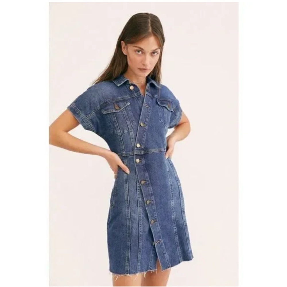 Free People The City Denim Mini Dress Asymmetrical Button Front Blue Size XS